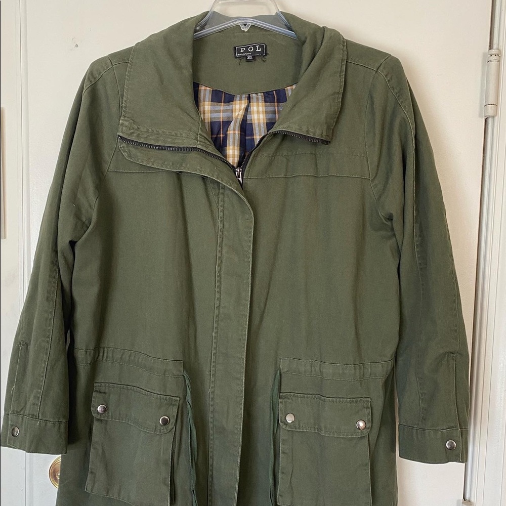 Olive Green Anorak Military Style Jacket Plaid Lining Tie Waist Size 3x